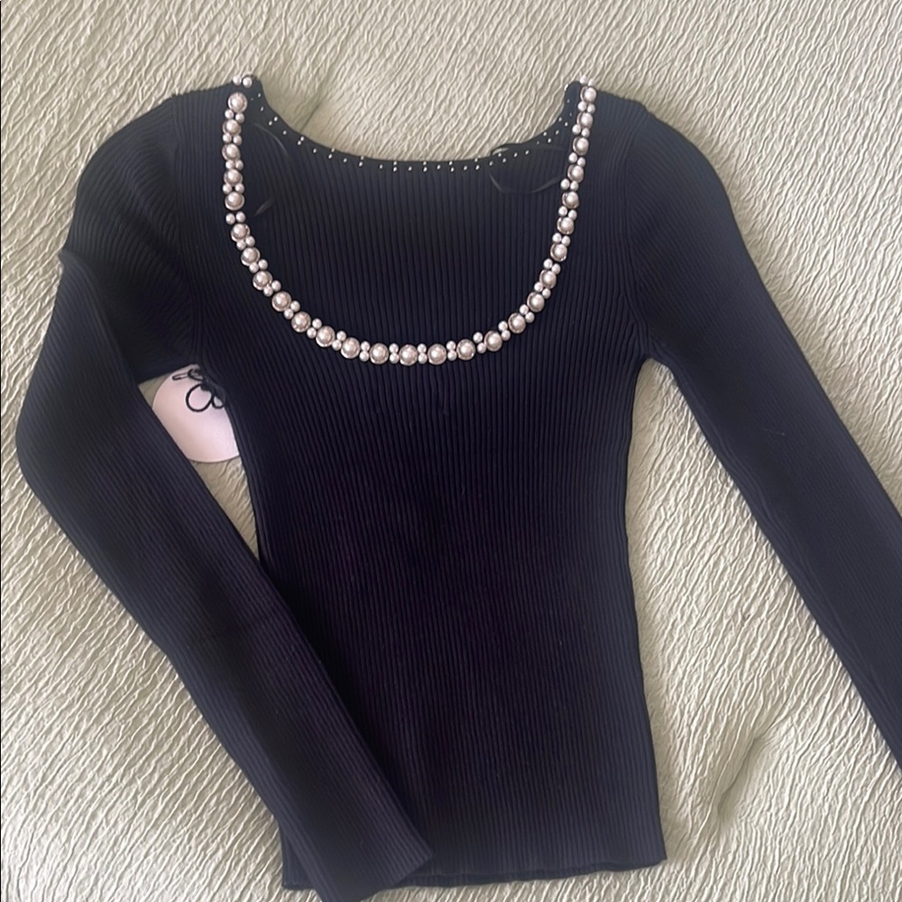 Elegant Black Pearl-Embellished Women's Top